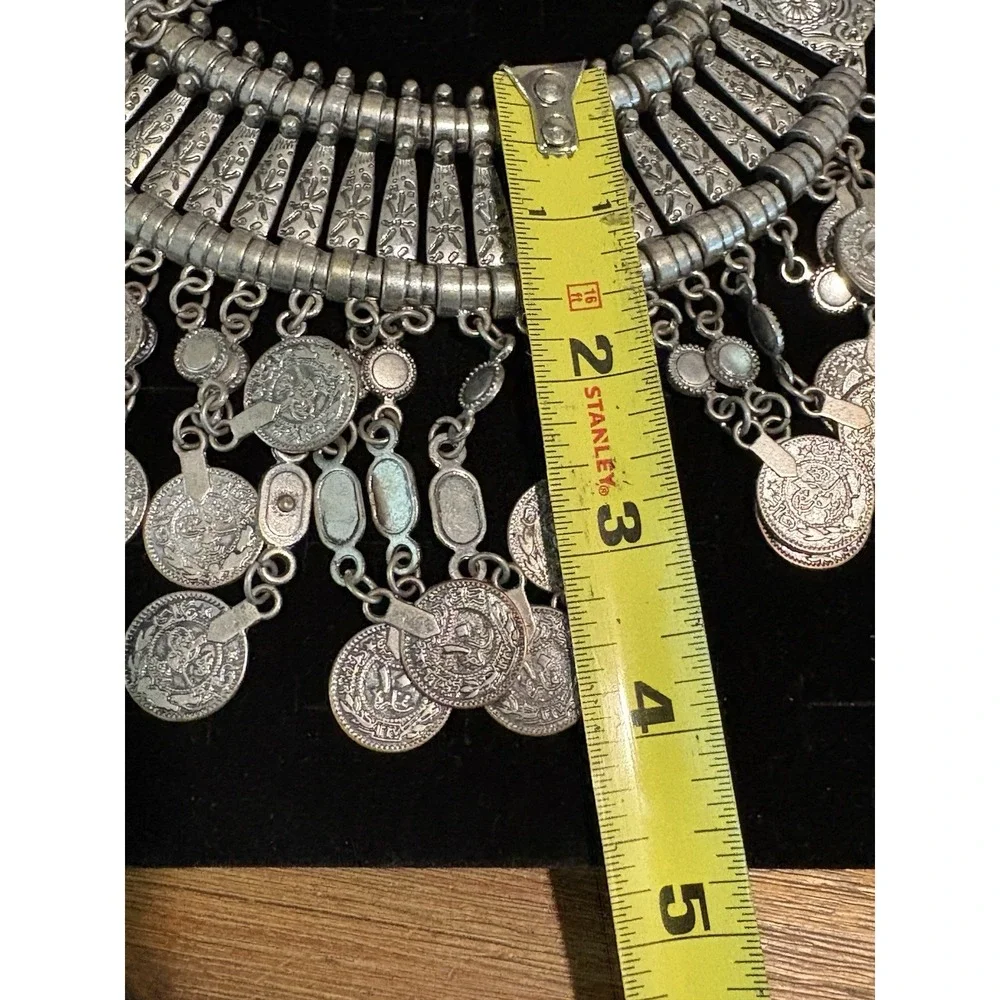 Bohemian Tribal Style Statement‎ Bib Necklace Silver Tone Arabic Coin Accents